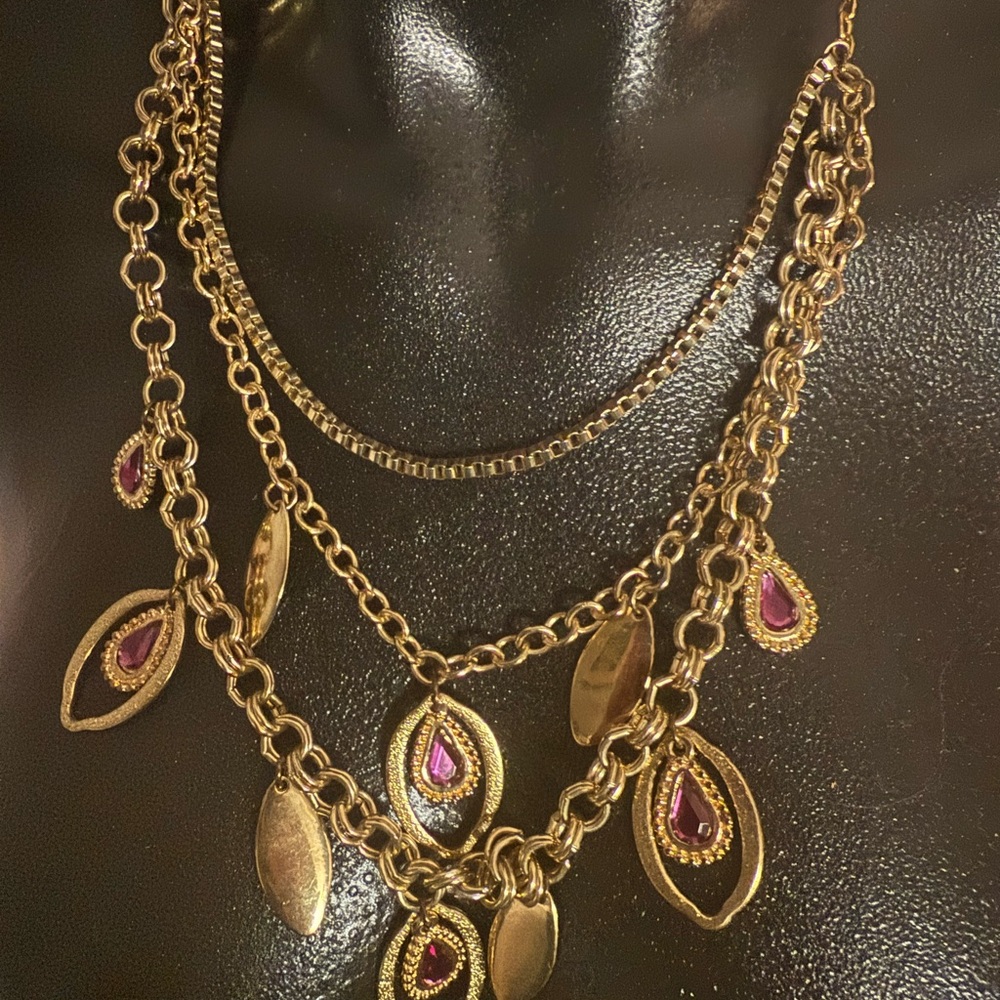 VintageGold and Purple Bohemian Multi-Layered Necklace with Decorative Pendants
